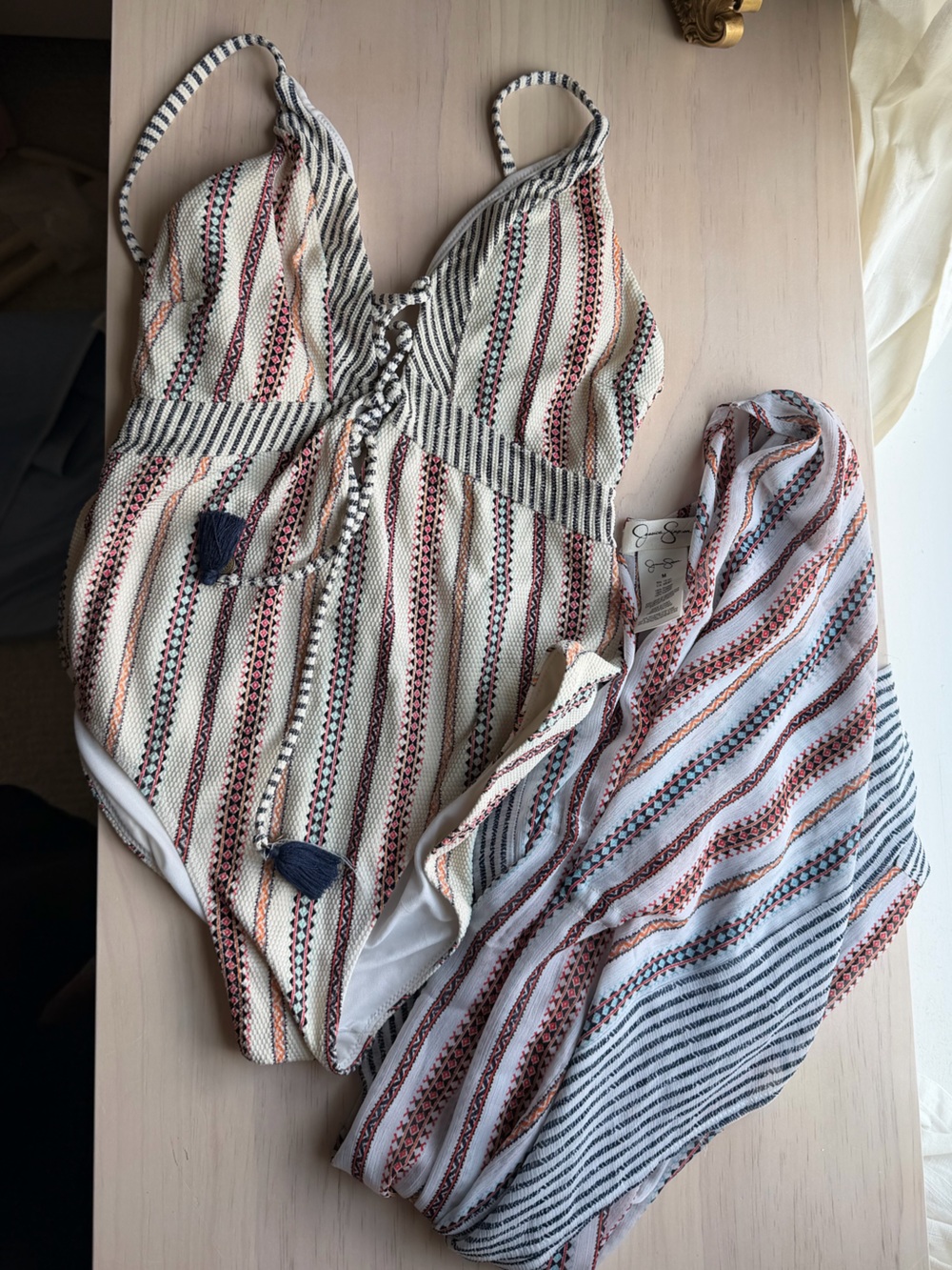 Jessica Simpson Striped Multicolor One-Piece Swimsuit with cover up